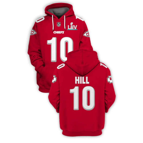 Men's Kansas City Chiefs #10 Tyreek Hill Red 2021 Super Bowl LIV Pullover Hoodie Men's Kansas City Chiefs #10 Tyreek Hill Red 2021 Super Bowl LIV Pullover Hoodie